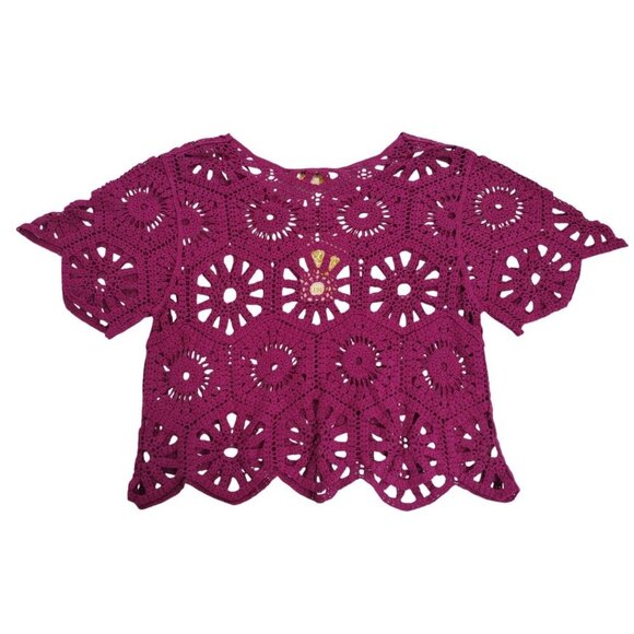 Rebellion Azaria Womens Purple Crochet Lace Top M Short Sleeve Boho Chic Design. - Picture 2 of 8